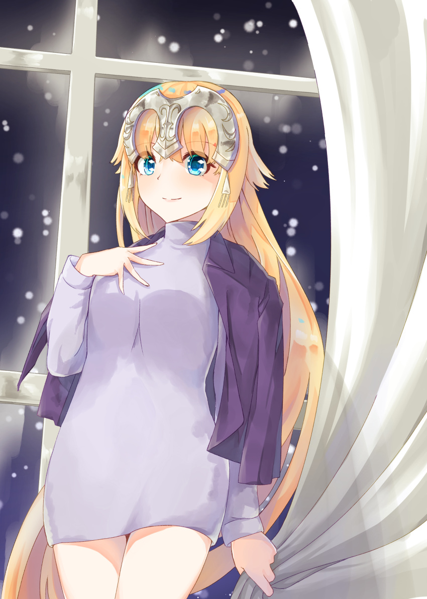 1girl absurdres blonde_hair blue_eyes commentary_request curtain_grab curtains dress fate/grand_order fate_(series) graphite_(medium) hand_on_own_chest headpiece highres jacket_on_shoulders jeanne_d'arc_(fate) jeanne_d'arc_(fate)_(all) long_hair looking_at_viewer mechanical_pencil pencil rocorey1115 smile snowing solo sweater sweater_dress traditional_media very_long_hair
