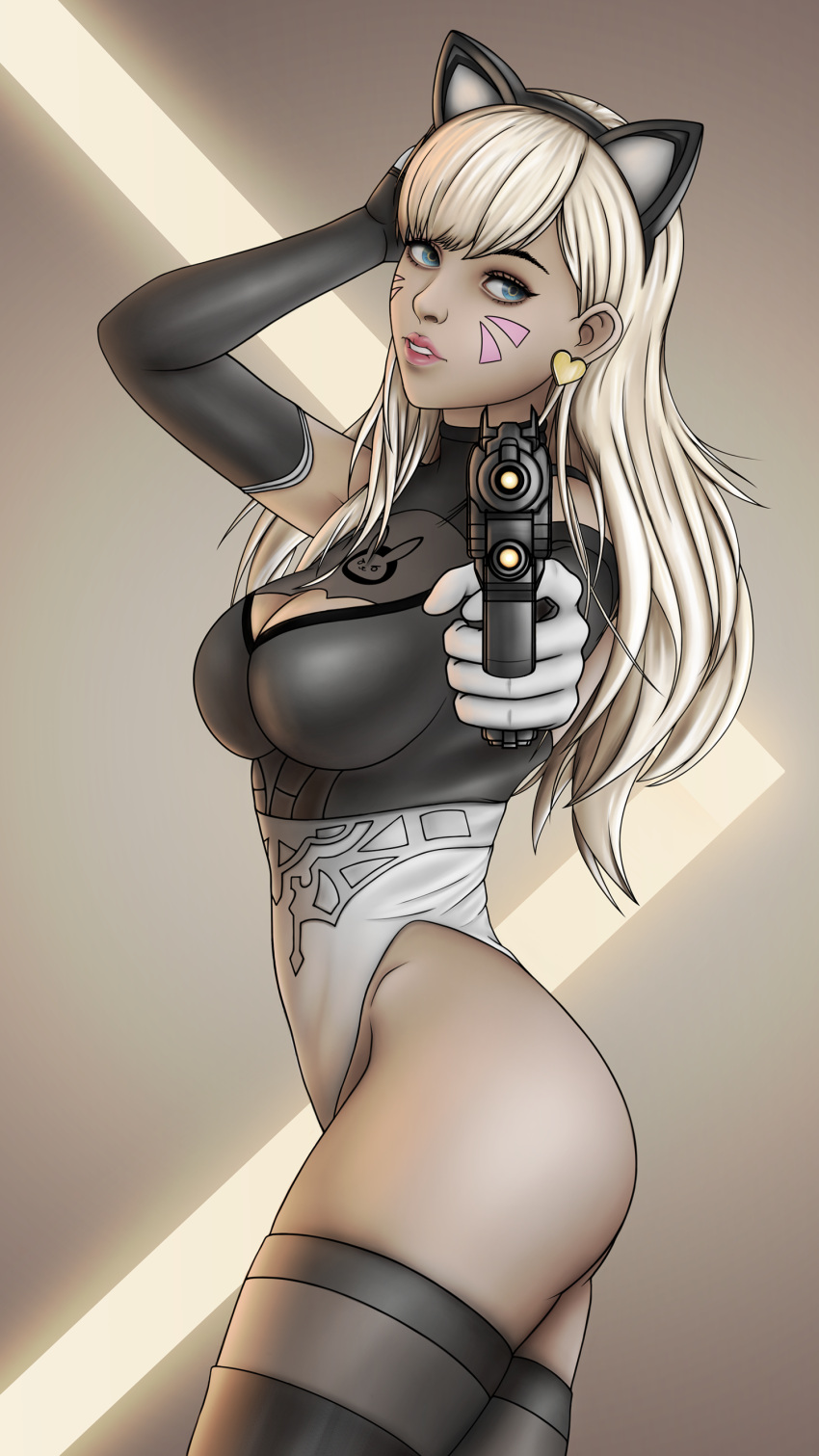 1girl absurdres animal_ears bangs blonde_hair blue_eyes boots breasts cat_ears cleavage_cutout commentary cosplay crossover d.va_(overwatch) earrings elbow_gloves facial_mark fake_animal_ears from_side gloves gun hand_in_hair handgun heart high_heel_boots high_heels highleg highleg_leotard highres holding holding_gun holding_weapon jewelry large_breasts leotard long_hair looking_at_viewer nier_(series) nier_automata overwatch pink_lips pistol solo syracurse weapon whisker_markings yorha_no._2_type_b yorha_no._2_type_b_(cosplay)