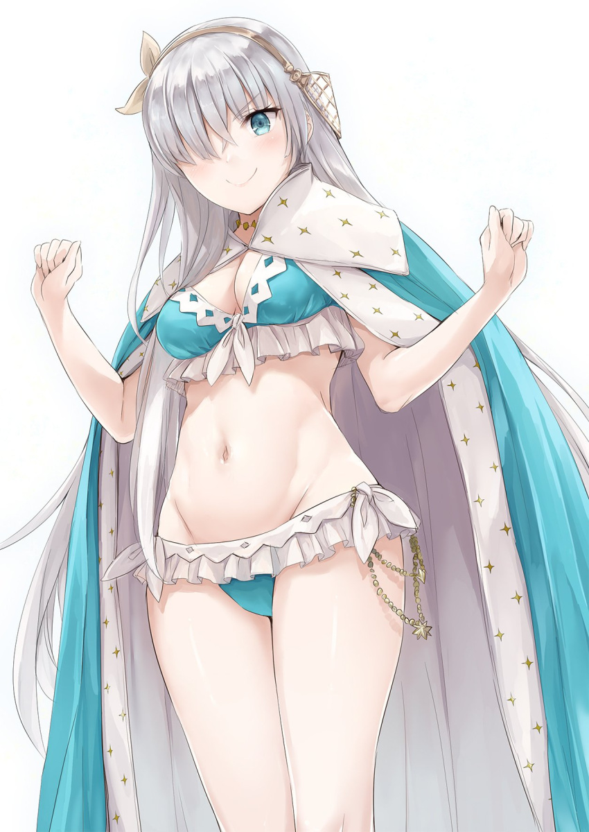 1girl akita_hika alternate_costume anastasia_(fate/grand_order) aqua_bikini bangs bikini blue_cloak blue_eyes breasts brown_hairband cape cleavage clenched_hands cloak cowboy_shot eyebrows_visible_through_hair fate/grand_order fate_(series) frilled_bikini frills from_below hair_ornament hair_over_eyes hair_over_one_eye hands_up highres jewelry leaf_hair_ornament legs looking_at_viewer medium_breasts navel necklace pale_skin ribbon royal_robe silver_hair smile smug stomach swimsuit yellow_hairband