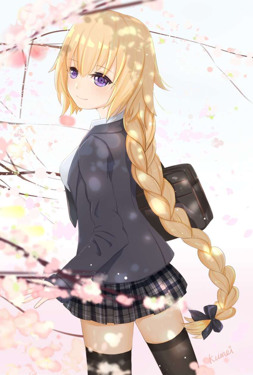 1girl artist_name bag black_legwear black_ribbon blonde_hair blue_eyes braid cherry_blossoms commentary english_commentary fate/apocrypha fate/grand_order fate_(series) highres jacket jeanne_d'arc_(fate) jeanne_d'arc_(fate)_(all) kumei light_smile long_braid long_hair looking_at_viewer looking_back plaid plaid_skirt pleated_skirt ribbon school_bag school_uniform single_braid skirt solo thigh-highs very_long_hair violet_eyes