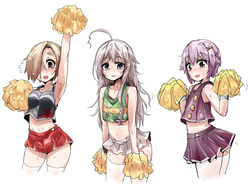 3girls :d ahoge aki_(sangetusei) arm_up arms_at_sides arms_up bangs black_shirt blonde_hair blood bloody_clothes blush braid breasts brown_eyes buttons closed_eyes commentary_request contrapposto crop_top eyebrows_visible_through_hair food_print green_eyes green_shirt grey_eyes grey_skirt hair_ornament hair_over_one_eye hair_ribbon highres holding_pom_poms hoshi_shouko idolmaster idolmaster_cinderella_girls koshimizu_sachiko lavender_hair long_hair looking_at_viewer medium_breasts miniskirt monochrome motion_lines multiple_girls mushroom_print nervous_smile nose_blush open_mouth pink_ribbon pleated_skirt pom_pom_(clothes) purple_shirt purple_skirt red_skirt ribbon shirasaka_koume shirt short_hair simple_background single_braid single_stripe skirt smile standing stomach sweatdrop tank_top thigh-highs tress_ribbon white_background white_legwear x_hair_ornament yellow_pom_poms yellow_stripe zettai_ryouiki