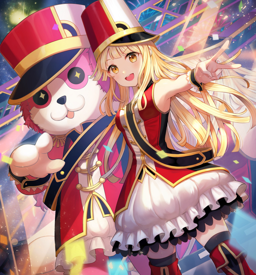 +_+ 2girls :3 :d absurdres animal_costume band_uniform bang_dream! bear_costume black_legwear blonde_hair boots confetti dutch_angle earmuffs epaulettes fireworks frilled_skirt frills hat highres jacket long_hair looking_at_viewer mascot_costume michelle_(bang_dream!) multiple_girls open_mouth pointing pointing_at_viewer red_footwear round_teeth sash scaffolding shako_cap sideways_hat skirt sleeveless smile teeth thigh-highs thigh_boots tokkyu_(user_mwwe3558) tsurumaki_kokoro upper_teeth v white_skirt wrist_cuffs yellow_eyes