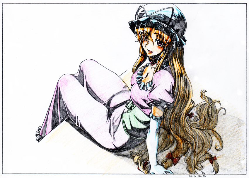1girl :d black_border blonde_hair blue_hat blush border bow breasts cleavage colored_pencil_(medium) dated dress elbow_gloves eyebrows_visible_through_hair from_above from_side gloves graphite_(medium) hair_ribbon hat highres key_frame large_breasts long_dress long_hair looking_at_viewer open_mouth pillow_hat pink_dress pink_x puffy_short_sleeves puffy_sleeves red_bow ribbon scan short_sleeves sitting smile solo touhou traditional_media tress_ribbon underbust very_long_hair white_gloves yakumo_yukari