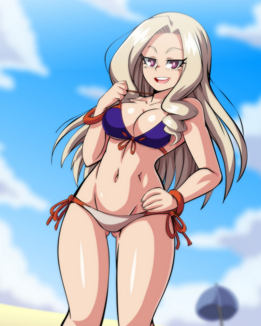 1girl :d beach bikini blonde_hair blue_sky bocodamondo boku_no_hero_academia breasts cleavage clouds day drill_locks gluteal_fold groin hand_on_hip highres large_breasts long_hair mount_lady navel open_mouth outdoors side-tie_bikini sky smile strap_pull swimsuit umbrella upper_teeth violet_eyes