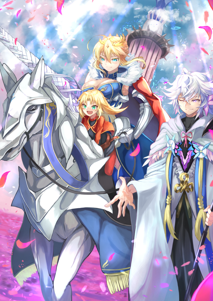 1boy 2girls :d artoria_pendragon_(all) artoria_pendragon_(lancer) bangs blonde_hair breasts cleavage commentary_request crown dun_stallion fate/grand_order fate_(series) gauntlets green_eyes hair_between_eyes highres horse horseback_riding huge_breasts lance medium_hair merlin_(fate/stay_night) mordred_(fate) mordred_(fate)_(all) mother_and_daughter multiple_girls ohako_(ohako1818) one_eye_closed open_mouth petals pillar pixiv_fate/grand_order_contest_2 polearm rhongomyniad riding silver_hair smile swept_bangs weapon younger