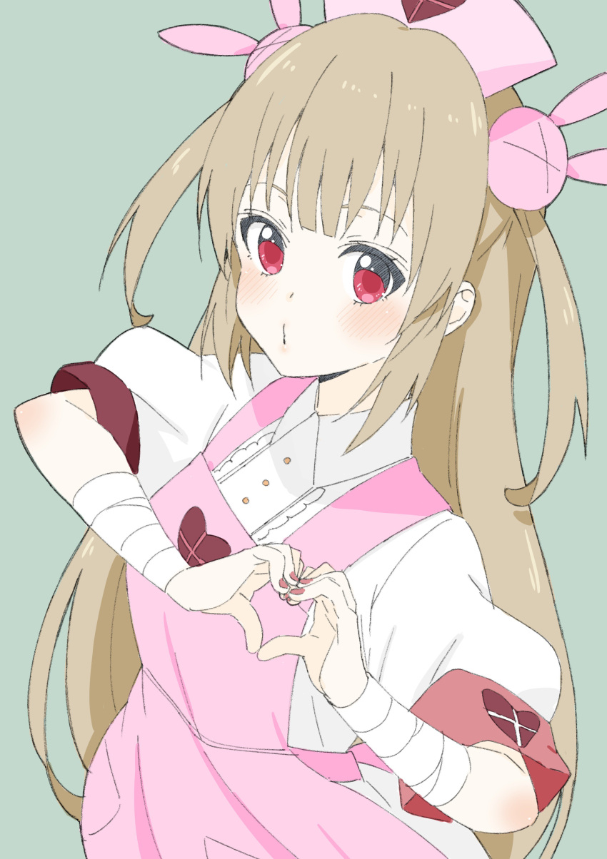 1girl absurdres apron armband bandage bangs blush bunny_hair_ornament donguri_suzume hair_ornament hat heart heart_hands highres light_brown_hair long_hair looking_at_viewer natori_sana nurse_cap pink_apron pink_hat puffy_short_sleeves puffy_sleeves pursed_lips red_eyes sana_channel short_sleeves solo two_side_up very_long_hair virtual_youtuber