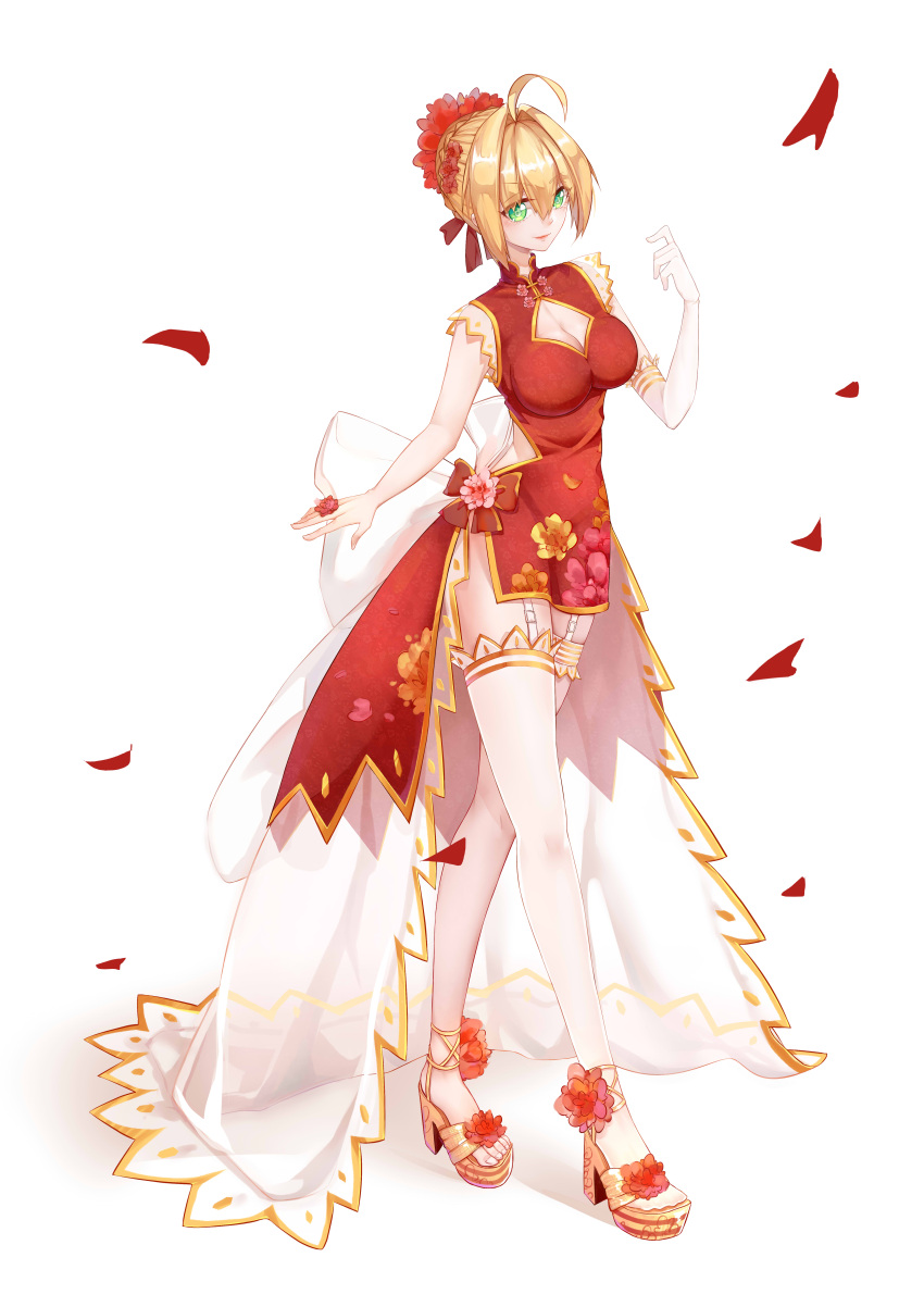 1girl absurdres ahoge blonde_hair breasts cleavage cleavage_cutout commentary_request dress elbow_gloves fate/grand_order fate_(series) flower gloves green_eyes hair_flower hair_ornament high_heels highres jewelry kotatsu_kaya large_breasts looking_at_viewer nero_claudius_(fate) nero_claudius_(fate)_(all) petals red_dress ring side_slit single_elbow_glove sleeveless sleeveless_dress solo thigh-highs white_background white_gloves white_legwear