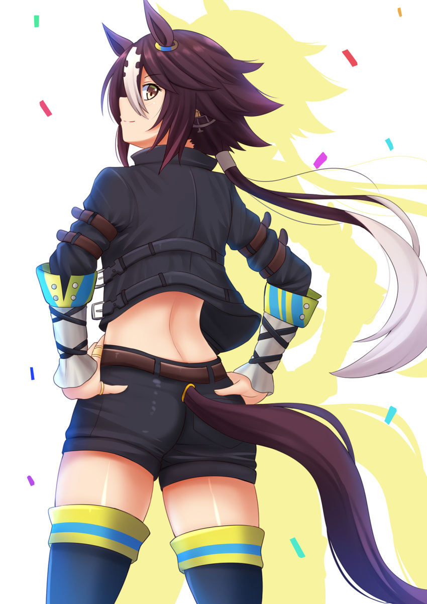 1girl animal_ears arm_belt black_jacket black_legwear black_shorts blush brown_belt brown_eyes brown_hair closed_mouth commentary confetti fingernails hands_on_hips highres horse_ears horse_girl horse_tail jacket jewelry kazenokaze long_hair long_sleeves looking_at_viewer looking_back low_ponytail multicolored_hair open_clothes open_jacket ponytail profile ring short_shorts shorts smile solo streaked_hair tail thigh-highs umamusume very_long_hair vodka_(umamusume) white_background white_hair