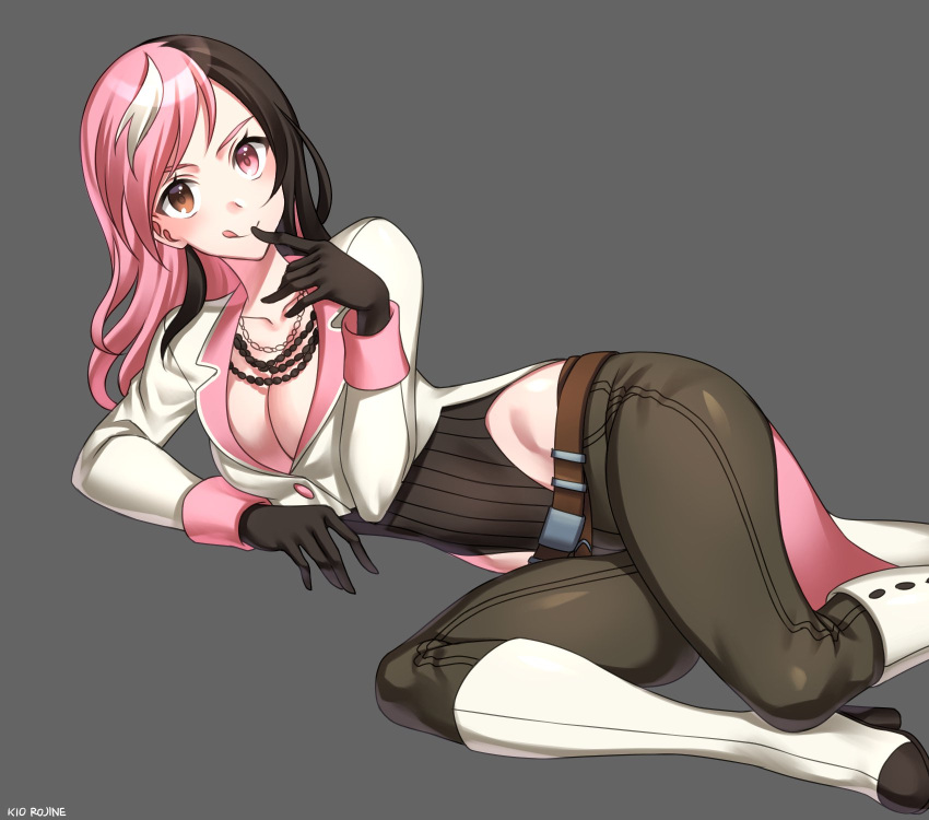 1girl bead_necklace beads boots breasts brown_eyes brown_hair cleavage finger_to_mouth gloves heterochromia high_heel_boots high_heels highres jewelry kio_rojine multicolored_hair necklace neo_(rwby) pink_eyes pink_hair rwby solo tongue tongue_out white_hair