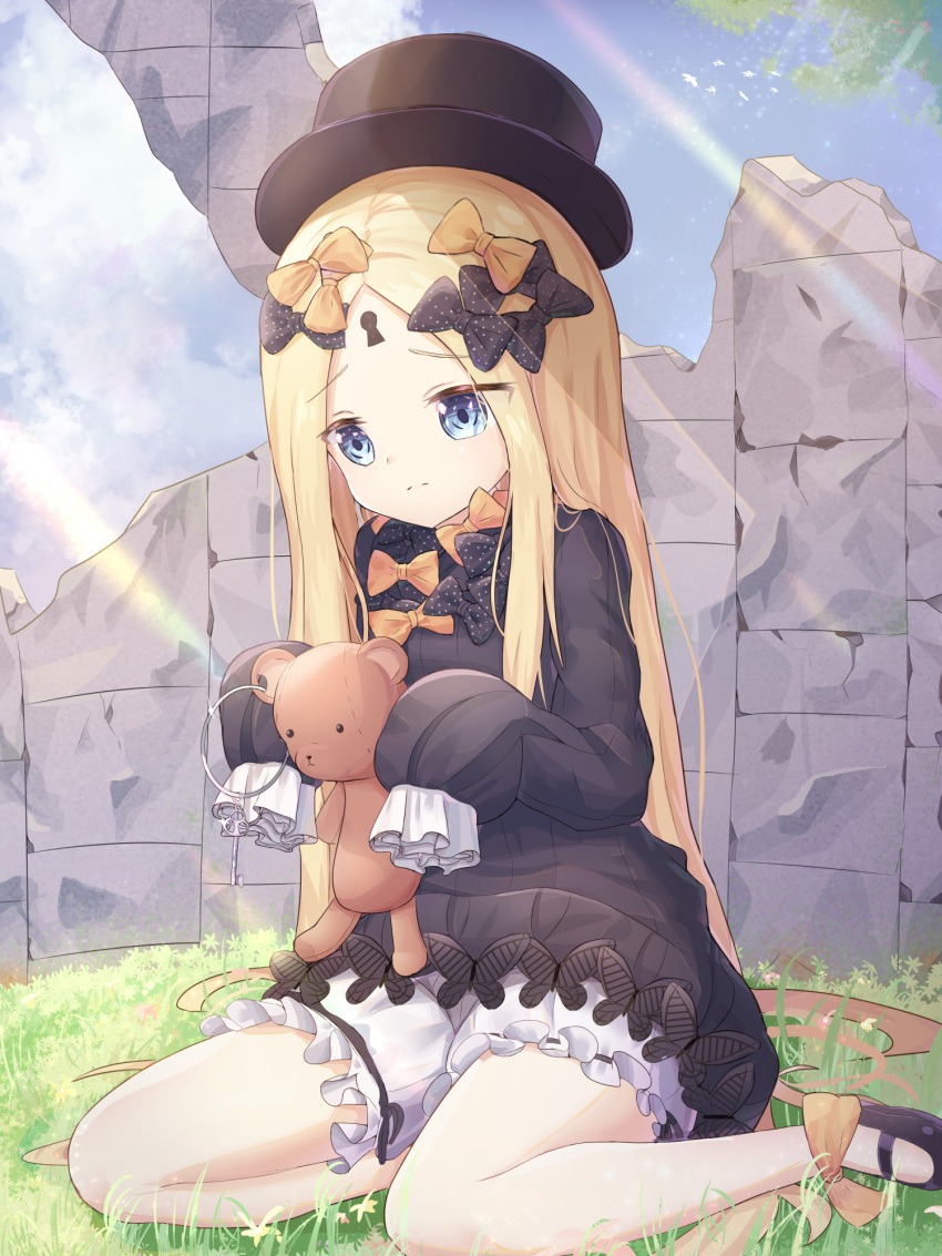 1girl abigail_williams_(fate/grand_order) bangs bird black_bow black_dress black_hat blonde_hair bloomers blue_eyes blue_sky bow bug butterfly closed_mouth clouds commentary_request day dress eyebrows_visible_through_hair fate/grand_order fate_(series) grass hair_bow hat highres holding holding_stuffed_animal insect key keyhole long_hair long_sleeves looking_away mapi_(mapi_9) on_grass orange_bow outdoors parted_bangs polka_dot polka_dot_bow sitting sky sleeves_past_fingers sleeves_past_wrists solo stuffed_animal stuffed_toy sunlight teddy_bear underwear very_long_hair white_bloomers