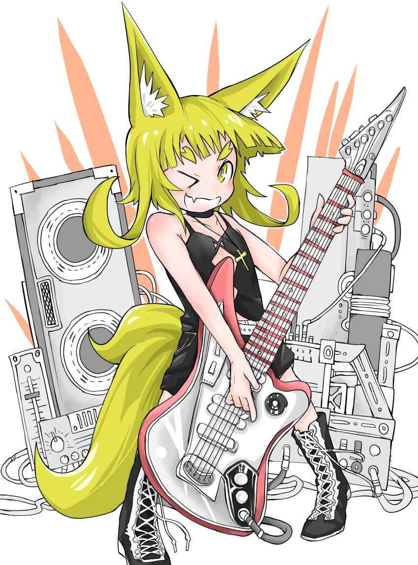 &gt;_o 1girl animal_ears bare_arms bare_shoulders black_footwear black_pants black_shorts blonde_hair boots cross doitsuken fang fox_child_(doitsuken) fox_ears fox_tail grin guitar highres holding holding_instrument instrument looking_at_viewer loudspeaker music one_eye_closed original pants playing_instrument shorts smile solo standing tail