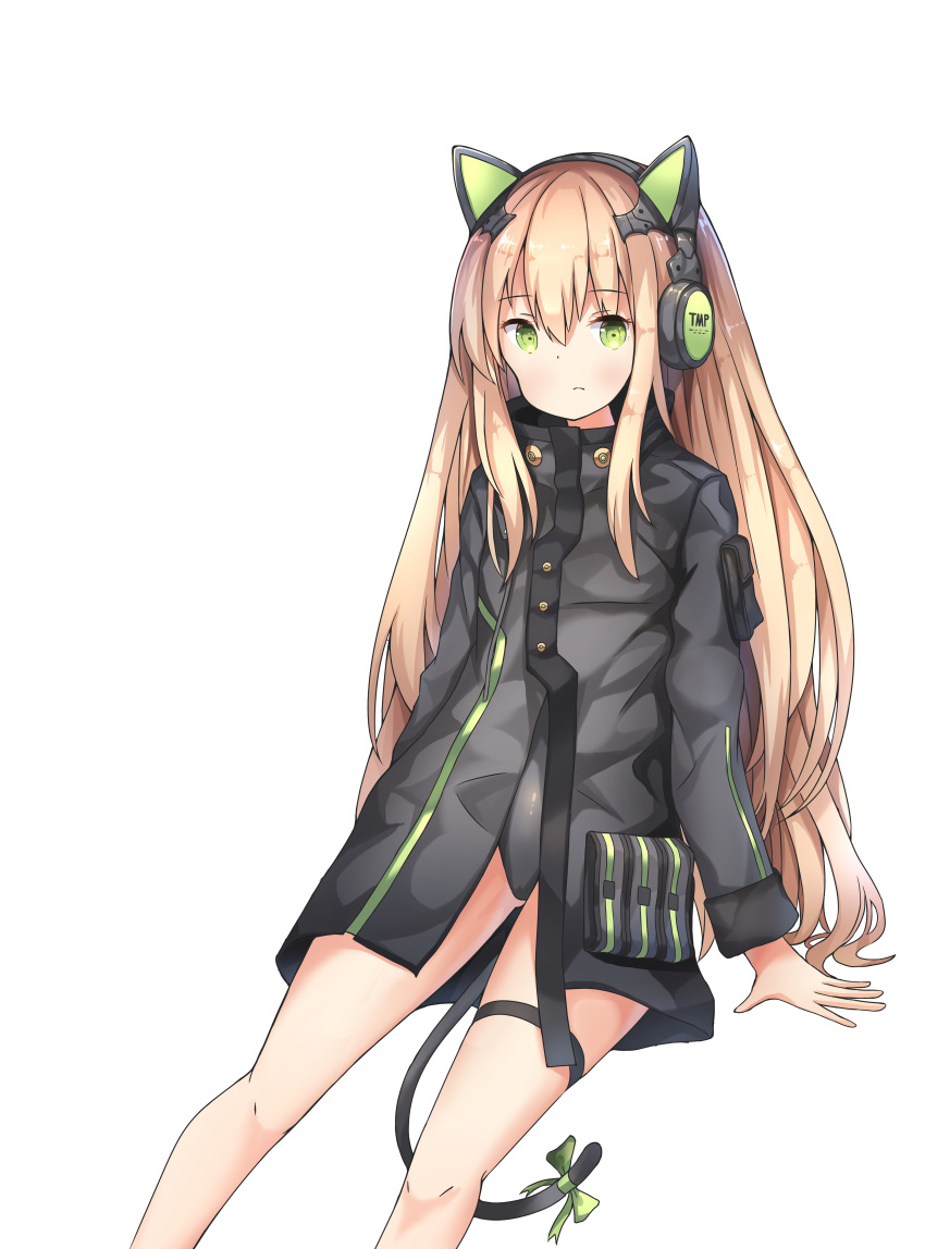 1girl absurdres animal_ears arm_support bangs black_jacket black_leotard blonde_hair blush bow cat_ear_headphones cat_ears cat_tail character_name closed_mouth eyebrows_visible_through_hair girls_frontline green_bow hair_between_eyes headphones highres jacket leotard leotard_under_clothes long_hair long_sleeves sitting sobmarine solo tail tail_bow tmp_(girls_frontline) very_long_hair white_background