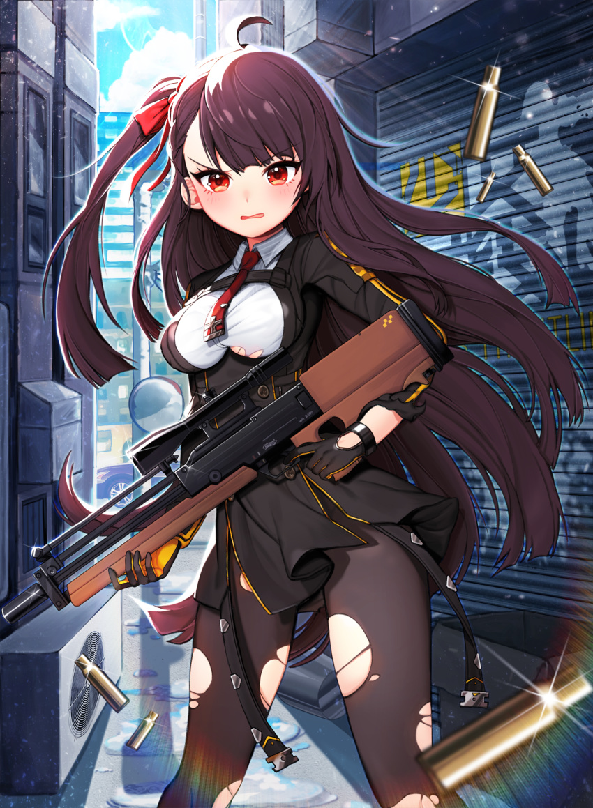 1girl ahoge air_conditioner alley black_dress black_gloves black_legwear blue_sky bow breasts brown_hair bullpup car clouds collared_shirt commentary day dress finger_on_trigger girls_frontline glint gloves ground_vehicle gun hair_bow highres holding holding_gun holding_weapon kuang_(kzhw7588) long_hair long_sleeves medium_breasts mirror motion_blur motor_vehicle one_side_up outdoors pantyhose red_bow red_eyes red_neckwear rifle scope shell_casing shirt sky sniper_rifle solo torn_clothes torn_dress torn_pantyhose torn_shirt very_long_hair wa2000_(girls_frontline) walther walther_wa_2000 weapon white_shirt