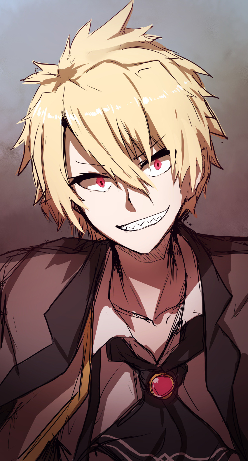 1boy absurdres ascot bangs black_neckwear blonde_hair brooch brown_jacket brown_vest collarbone collared_shirt commentary_request evil_grin evil_smile eyebrows_visible_through_hair fate/prototype fate/prototype:_fragments_of_blue_and_silver fate_(series) grin hair_between_eyes head_tilt highres jacket jekyll_and_hyde_(fate) jewelry looking_at_viewer male_focus open_clothes open_vest protected_link red_eyes sharp_teeth shirt smile solo teeth v-shaped_eyebrows vest wada_kazu white_shirt