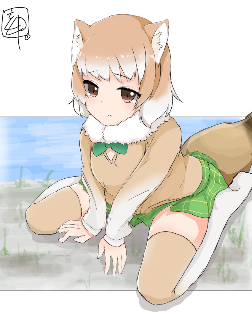 1girl :3 animal_ears between_legs black-tailed_prairie_dog_(kemono_friends) brown_eyes commentary_request eyebrows_visible_through_hair fur_collar gradient_legwear green_neckwear green_skirt hand_between_legs highres kemono_friends kokuin light_brown_hair light_brown_legwear light_brown_sweater long_sleeves multicolored multicolored_clothes multicolored_hair multicolored_legwear necktie plaid plaid_skirt pleated_skirt prairie_dog_ears prairie_dog_tail short_hair sitting skirt solo sweater tail thigh-highs wariza white_hair white_legwear