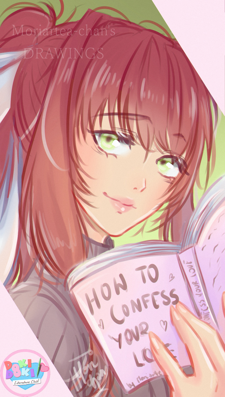 1girl absurdres artist_name book brown_hair commentary copyright_name doki_doki_literature_club english_commentary eyebrows_visible_through_hair green_eyes highres huge_filesize light_smile long_hair looking_at_viewer monika_(doki_doki_literature_club) moriartea-chan ponytail solo upper_body