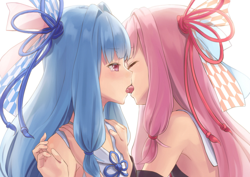 2girls bare_shoulders blue_hair blue_ribbon closed_eyes commentary_request detached_sleeves doonatsu. fingernails french_kiss hair_intakes hair_ribbon hand_on_another's_shoulder kiss kotonoha_akane kotonoha_aoi long_hair long_sleeves multiple_girls pink_hair profile red_ribbon ribbon simple_background tears tongue tongue_out very_long_hair violet_eyes voiceroid white_background yuri