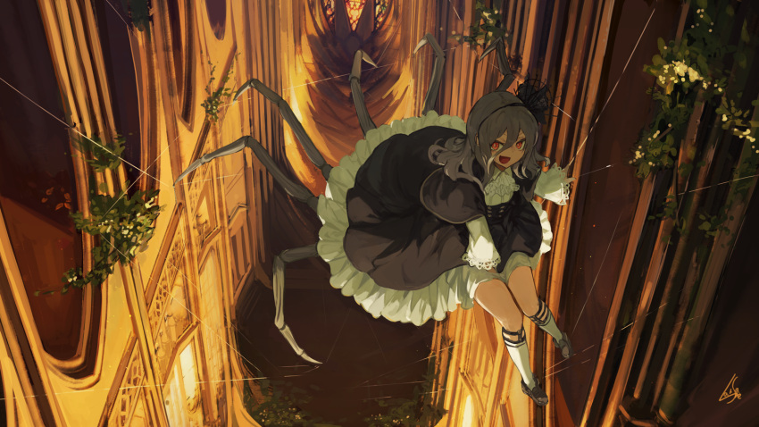 1girl bug dress fantasy frilled_dress frills highres lansane long_hair long_sleeves monster_girl open_mouth original puffy_sleeves red_eyes silk silver_hair smile solo spider spider_web wide_sleeves