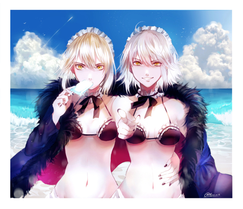 2girls absurdres ahoge artoria_pendragon_(all) artoria_pendragon_(swimsuit_rider_alter) artoria_pendragon_(swimsuit_rider_alter)_(cosplay) beach bikini black_bikini blonde_hair blue_sky braid breasts cleavage clouds cloudy_sky commentary cosplay day erenaibi eyebrows_visible_through_hair fate/grand_order fate/stay_night fate_(series) french_braid gothic_lolita highres holding jeanne_d'arc_(alter)_(fate) jeanne_d'arc_(fate)_(all) lolita_fashion looking_at_viewer maid_bikini maid_headdress medium_breasts multiple_girls ocean outdoors saber saber_alter silver_hair sky smile swimsuit upper_body water wicked_dragon_witch_ver._shinjuku_1999 yellow_eyes