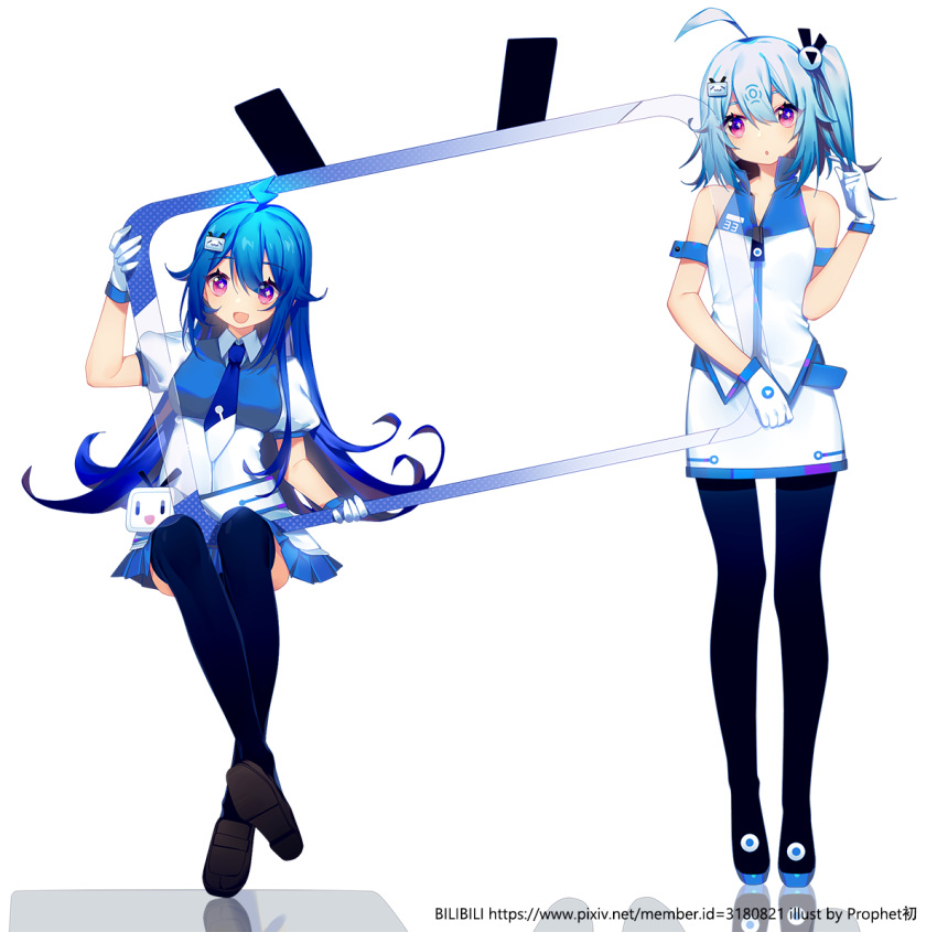 2girls :d ahoge bangs bili_girl_22 bili_girl_33 bilibili_douga black_footwear black_legwear blue_hair blue_neckwear blue_skirt boots breasts brown_footwear eyebrows_visible_through_hair gloves hair_between_eyes hair_ornament loafers long_hair multiple_girls necktie one_side_up open_mouth pantyhose pleated_skirt prophet_chu puffy_short_sleeves puffy_sleeves reflection shirt shoes short_sleeves sitting skirt sleeveless sleeveless_shirt small_breasts smile standing thigh-highs thigh_boots very_long_hair violet_eyes white_background white_gloves white_shirt white_skirt zipper_pull_tab