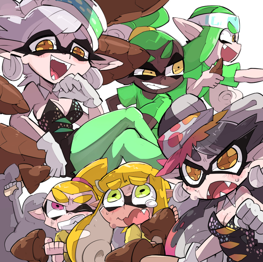 +_+ 2boys 4girls :d aori_(splatoon) bamboo black_hair blonde_hair breasts cleavage clenched_hand cousins dark_skin dark_skinned_male detached_collar domino_mask earrings fang fangs food food_on_head furrowed_eyebrows g_perarikku gloves green_eyes green_hair green_legwear green_shirt grin hair_rings hand_up highres holding holding_mushroom hoop_earrings hotaru_(splatoon) inkling jewelry legs_crossed long_hair mask medium_breasts multiple_boys multiple_girls mushroom object_on_head ojou-sama_pose open_mouth orange_eyes pantyhose pink_eyes pointy_ears shirt short_hair sideways_mouth silver_hair simple_background sitting smile splatoon splatoon_1 suction_cups sweat symbol-shaped_pupils t-shirt tears teeth tongue unitard very_long_hair white_background white_gloves yellow_eyes yellow_shirt