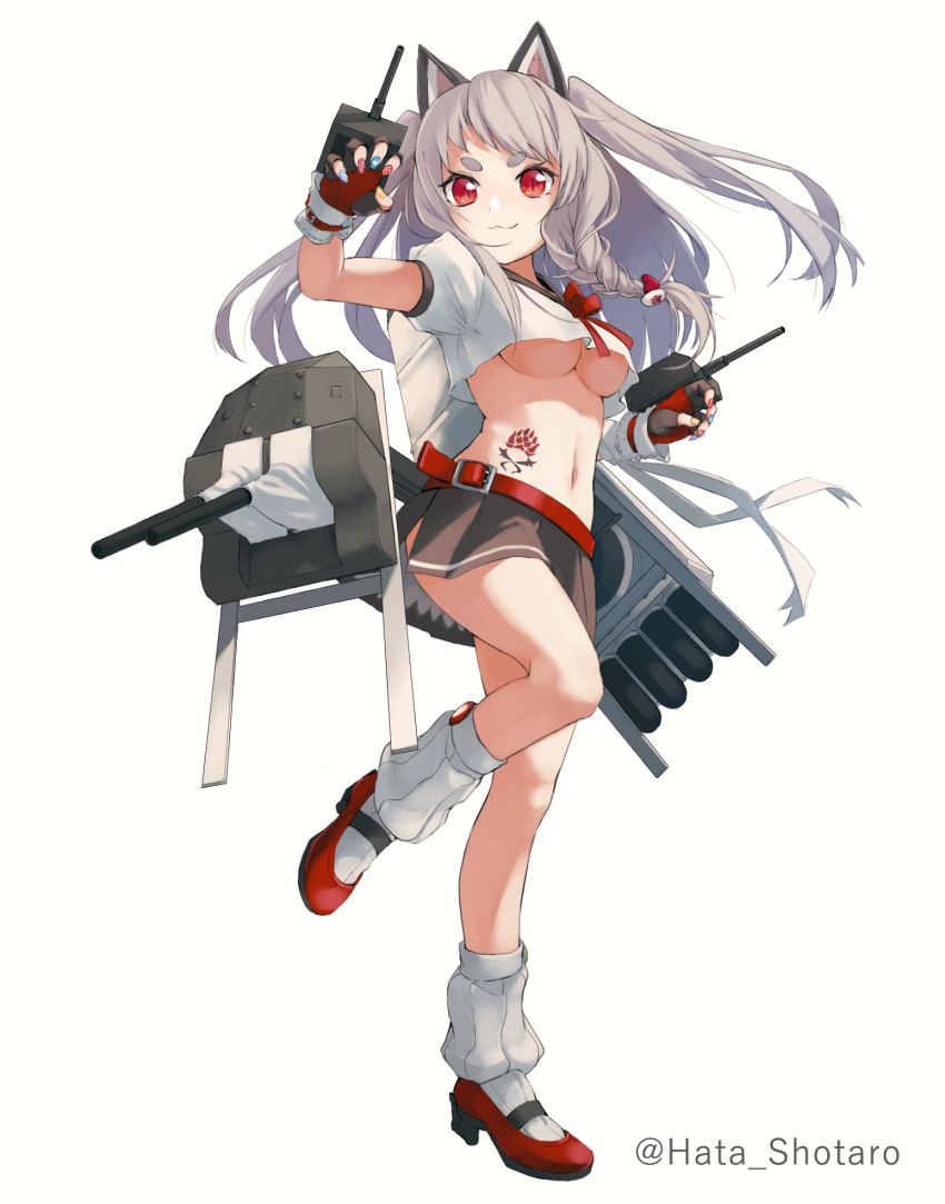1girl :3 animal_ears azur_lane bangs belt belt_buckle braid breasts buckle cannon claw_pose crop_top fake_animal_ears fingerless_gloves fingernails full_body gloves grey_hair hair_ornament hara_shoutarou heart heart_hair_ornament highres long_hair looking_at_viewer loose_socks machinery medium_breasts midriff miniskirt multicolored multicolored_nails nail_polish navel one_leg_raised puffy_short_sleeves puffy_sleeves red_eyes red_footwear red_neckwear school_uniform serafuku shirt shoes short_sleeves simple_background skirt smile solo standing standing_on_one_leg stomach tattoo turret twitter_username two_side_up under_boob v-shaped_eyebrows white_background yuudachi_(azur_lane)