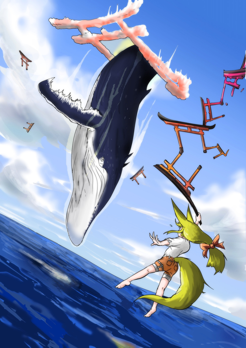 1girl absurdres animal_ears barefoot blonde_hair blue_sky clouds cloudy_sky day doitsuken dutch_angle facing_away falling flying_sweatdrops fox_ears fox_tail from_behind highres horizon long_hair ocean orange_shorts original outdoors portal_(object) shirt short_shorts short_sleeves shorts sky solo tail torii water whale white_shirt