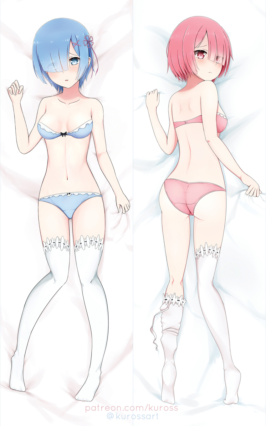 2girls ass bangs bed_sheet blue_bra blue_eyes blue_hair blue_panties bow bow_bra bra breasts closed_mouth commentary_request crotch_seam dakimakura eyes_visible_through_hair from_behind frown gluteal_fold hair_ornament hair_over_one_eye highres lace lace-trimmed_thighhighs looking_at_viewer looking_back lum lying medium_breasts multiple_girls on_back on_bed on_stomach panties parted_lips pink_bra pink_eyes pink_hair pink_panties ram_(re:zero) re:zero_kara_hajimeru_isekai_seikatsu rem_(re:zero) rokuuso short_hair strapless strapless_bra thigh-highs twitter_username underwear underwear_only watermark web_address white_legwear x_hair_ornament