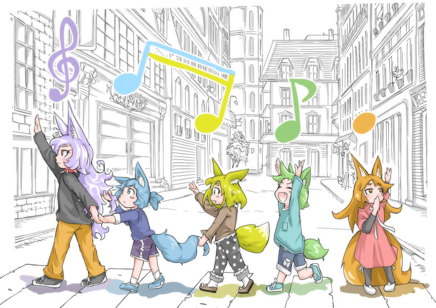 5girls :d animal_ears blonde_hair blue_eyes blue_footwear blue_hair blue_shirt blush_stickers brown_footwear brown_hair brown_shirt child closed_eyes collar commentary_request covering_mouth crosswalk dog_child_(doitsuken) doitsuken dress fang fox_ears fox_tail from_side green_hair grey_footwear grey_shirt hand_holding hand_over_own_mouth hand_up highres long_hair long_sleeves multiple_girls musical_note open_mouth original pants pink_dress polka_dot purple_hair revision shirt shoes shorts smile socks spiked_collar spikes tail tail_grab waving white_legwear yellow_pants