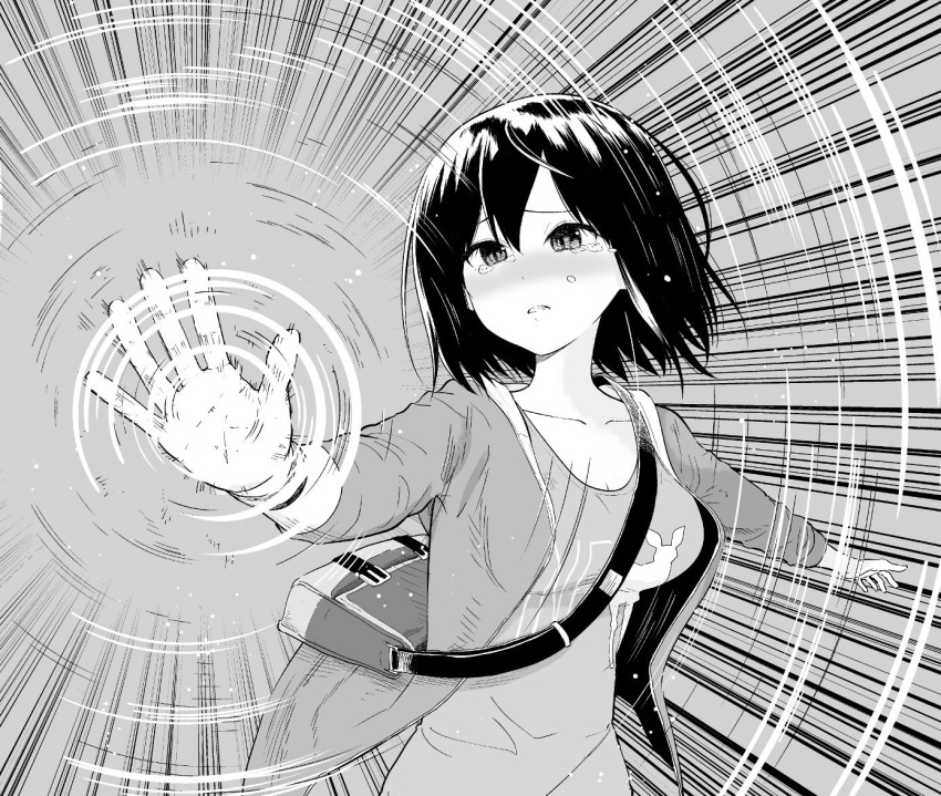 1girl carrying commentary_request crying crying_with_eyes_open energy frown greyscale grimace jacket life_is_strange long_sleeves max_caulfield monochrome motion_blur open_clothes open_jacket print_shirt sad shirt short_hair solo standing t-shirt tears upper_body yawaraka_black
