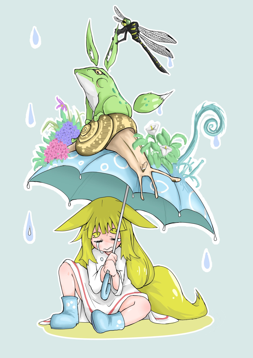 1girl =_= absurdres animal_ears blonde_hair blue_background blue_footwear boots bug closed_eyes closed_mouth crying doitsuken dragonfly dress ears_down flower fox_child_(doitsuken) fox_ears fox_tail frog grass highres holding holding_umbrella insect long_hair on_ground original outline rubber_boots simple_background sitting snail solo tail tears umbrella water_drop white_dress white_outline