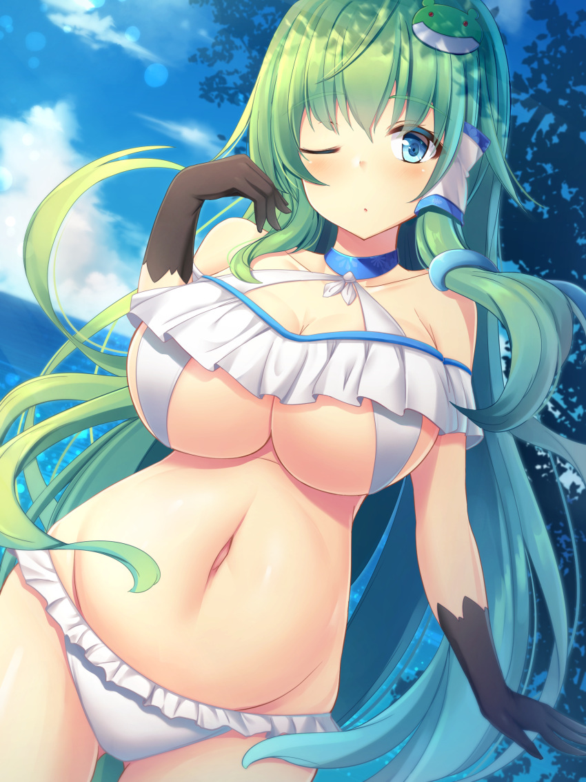 1girl absurdres belly bikini bra breasts choker cleavage commentary frills gloves green_hair hair_ornament highres kochiya_sanae large_breasts liya long_hair sky solo swimsuit touhou tree underwear wavy_hair