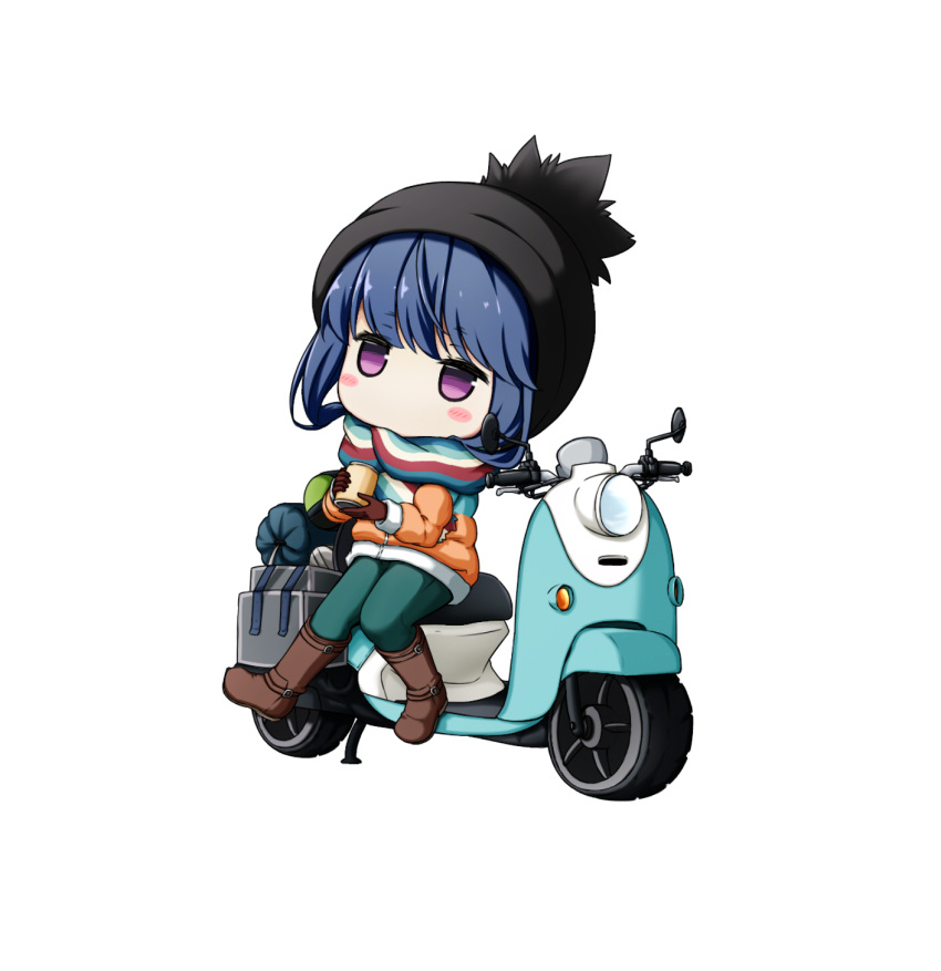 1girl blue_hair blush_stickers boots can drink gloves ground_vehicle hat highres jacket jitome kuena motor_vehicle no_mouth scarf scooter shima_rin sitting solo violet_eyes white_background winter_clothes yurucamp