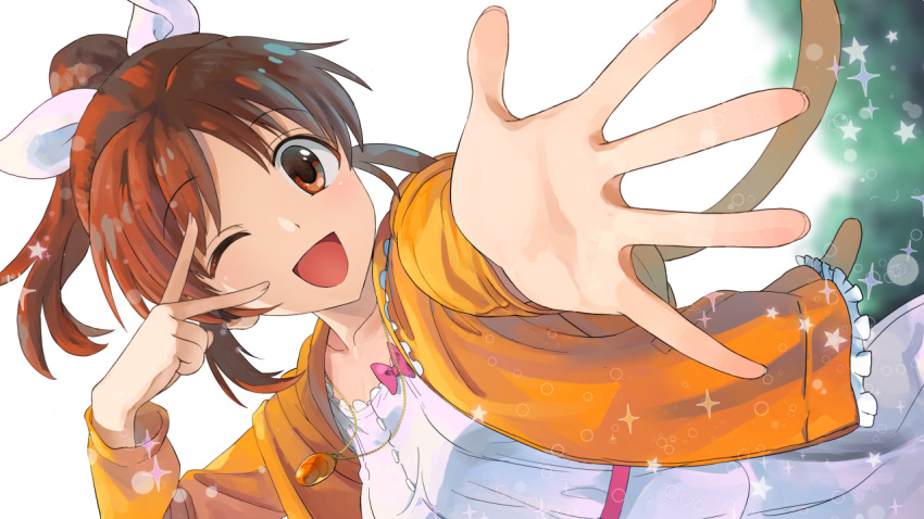 1girl :d abe_nana bow brown_eyes brown_hair commentary_request dress dutch_angle eyebrows_visible_through_hair hair_bow hand_up idolmaster idolmaster_cinderella_girls jacket jewelry looking_at_viewer necklace one_eye_closed open_clothes open_jacket open_mouth orange_jacket ponytail shimejirou smile solo sparkle v_over_eye white_bow white_dress