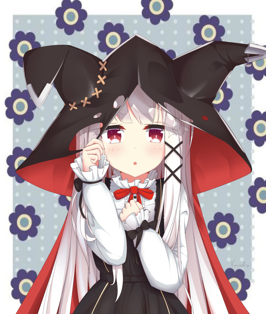 1girl :o absurdres animal_ears animal_hood azur_lane bangs black_bow black_dress blush bow cape center_frills commentary_request dress erebus_(azur_lane) eyebrows_visible_through_hair frills hair_ornament hairclip hands_up highres hood hood_up hooded_cape long_hair long_sleeves parted_lips red_bow red_cape red_eyes shirt silver_hair sleeveless sleeveless_dress sleeves_past_wrists solo very_long_hair voids white_shirt