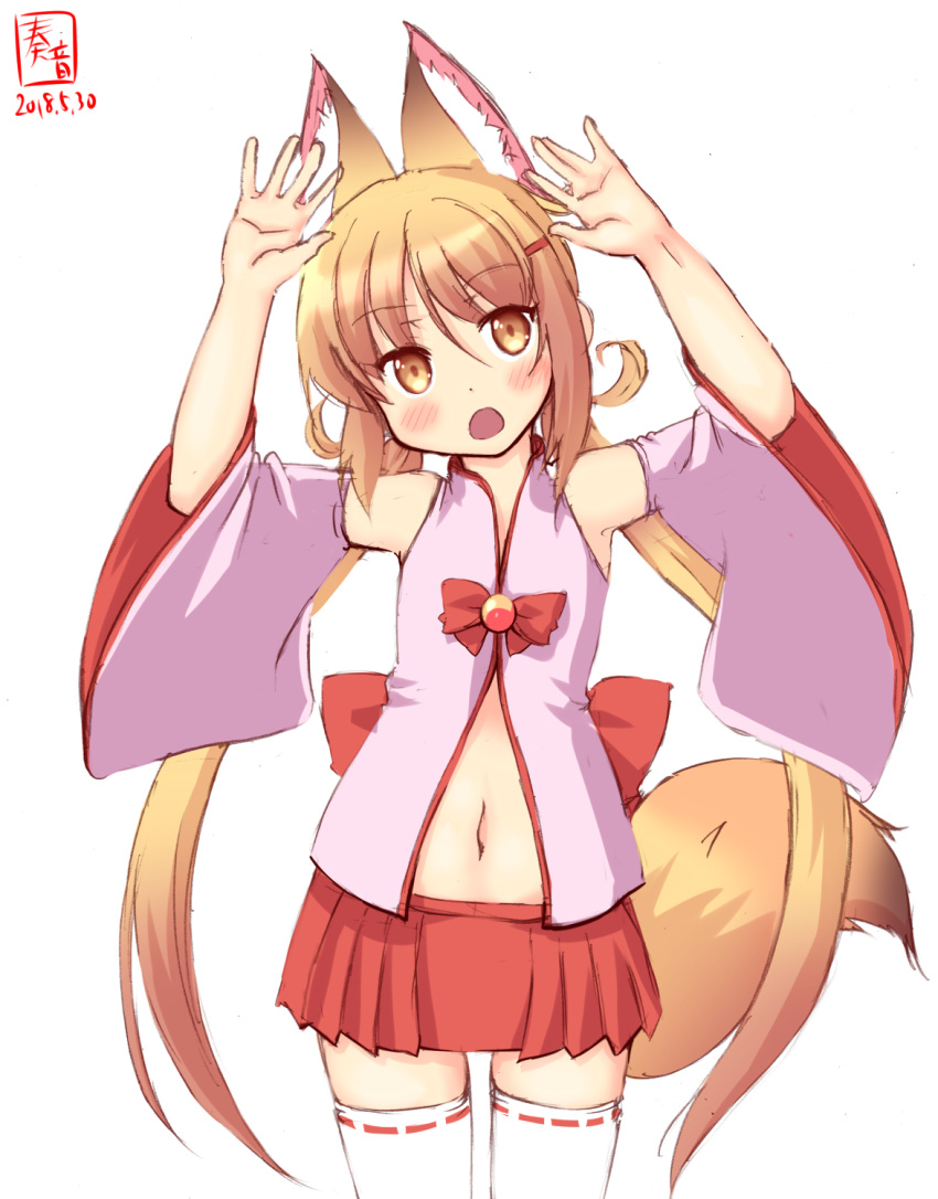 1girl animal_ears artist_logo blonde_hair commentary_request cosplay cowboy_shot dated detached_sleeves fox_ears fox_tail highres kanon_(kurogane_knights) kantai_collection kemomimi_oukoku_kokuei_housou long_hair look-alike looking_at_viewer low_twintails mikoko_(kemomimi_oukoku_kokuei_housou) mikoko_(kemomimi_oukoku_kokuei_housou)_(cosplay) navel pleated_skirt red_skirt satsuki_(kantai_collection) simple_background skirt solo tail thigh-highs twintails virtual_youtuber white_background white_legwear yellow_eyes