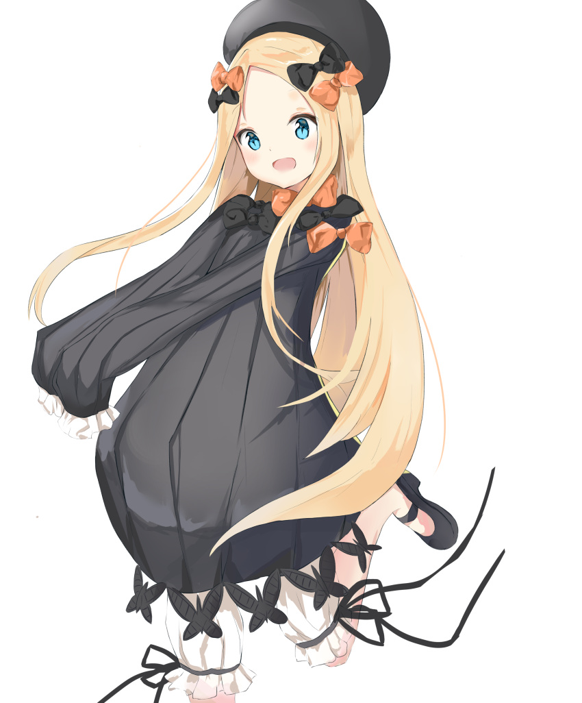 1girl :d abigail_williams_(fate/grand_order) absurdres bangs black_bow black_dress black_footwear black_hat blonde_hair bloomers blue_eyes blush bow bug butterfly commentary_request dress eyebrows_visible_through_hair fate/grand_order fate_(series) forehead hair_bow hat head_tilt highres insect long_hair long_sleeves looking_at_viewer mary_janes open_mouth orange_bow parted_bangs shoes simple_background sleeves_past_fingers sleeves_past_wrists smile solo standing standing_on_one_leg underwear very_long_hair white_background white_bloomers yukaa