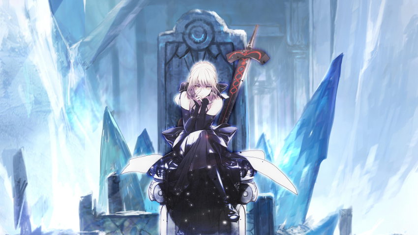 1girl absurdres artoria_pendragon_(all) blonde_hair boots breasts closed_mouth dress excalibur fate/grand_order fate/stay_night fate_(series) highres ice looking_at_viewer saber saber_alter solo sword throne weapon