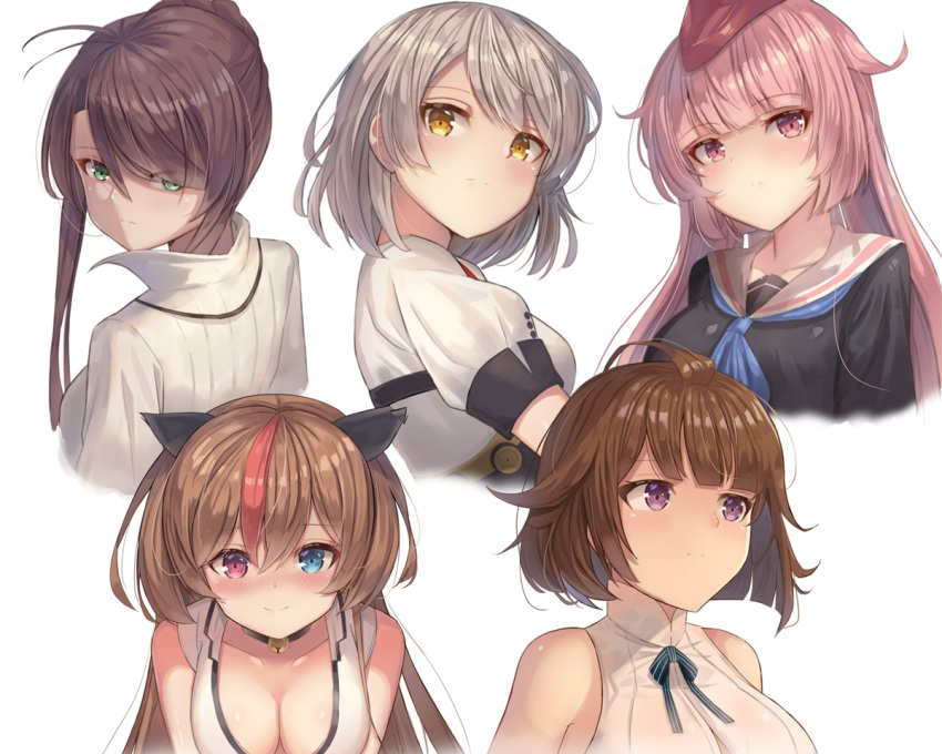 5girls ahoge bangs bell bell_choker blue_eyes blue_neckwear blush braid breasts brown_hair choker cleavage closed_mouth collarbone cropped_torso eyebrows_visible_through_hair french_braid girls_frontline green_eyes grizzly_mkv_(girls_frontline) hat heterochromia high_collar jacket large_breasts leaning_forward lee-enfield_(girls_frontline) long_hair looking_at_another looking_at_viewer looking_back medium_breasts mk_23_(girls_frontline) motokonut multicolored_hair multiple_girls ntw-20_(girls_frontline) pink_eyes pink_hair red_eyes sailor_collar shirt short_hair short_sleeves silver_hair simple_background smile streaked_hair uniform vector_(girls_frontline) very_long_hair violet_eyes white_background yellow_eyes
