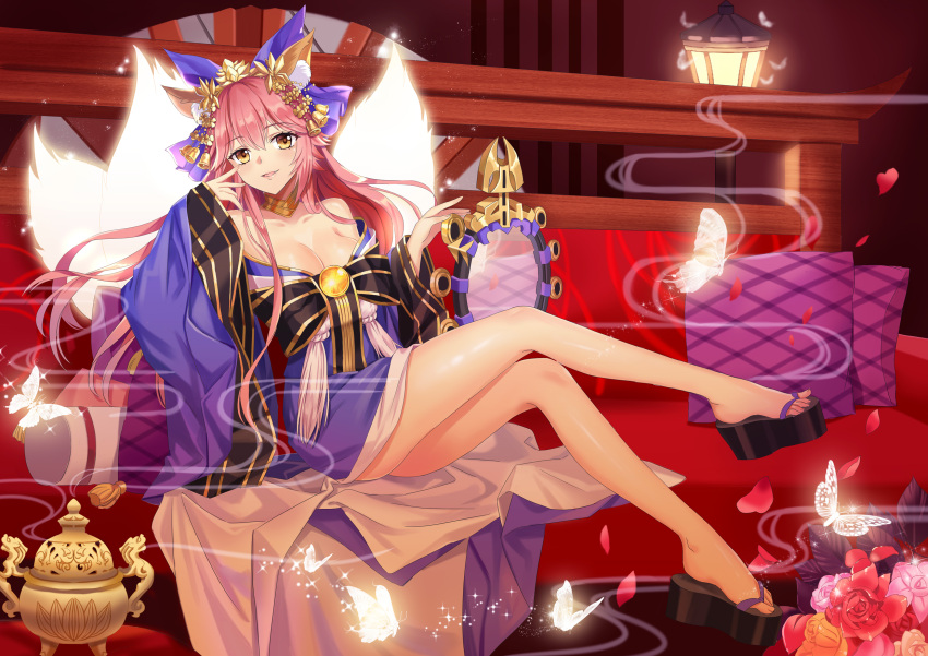 1girl animal_ears bare_shoulders bell bow breasts bug butterfly cleavage collarbone detached_sleeves fang fate/extra fate/grand_order fate_(series) flower fox_ears fox_tail guaizi hair_bow hair_ribbon highres indoors insect japanese_clothes jingle_bell large_breasts long_hair mirror multiple_tails open_mouth petals pink_hair red_flower red_rose ribbon rose rose_petals sitting solo suiten_nikkou_amaterasu_yanoshisu_ishi tail tamamo_(fate)_(all) tamamo_no_mae_(fate) very_long_hair yellow_eyes