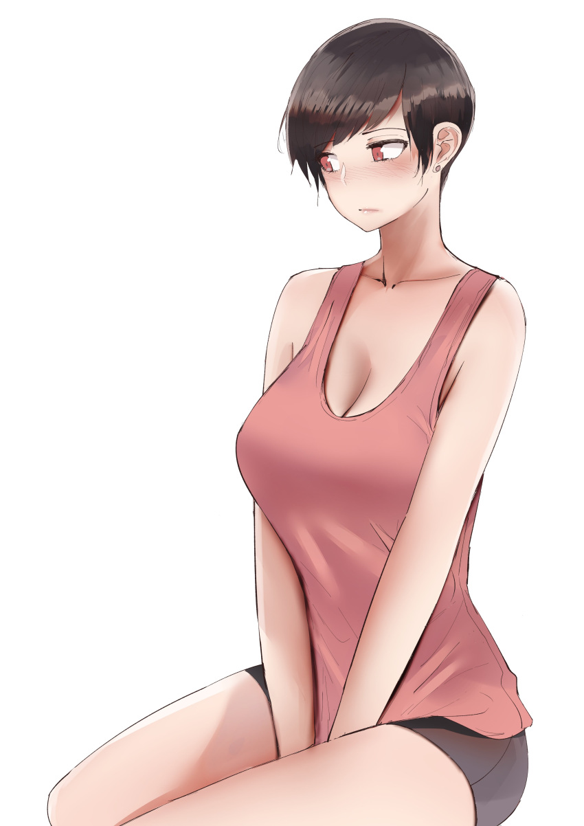 1girl absurdres bare_arms bare_shoulders between_legs blush breasts brown_eyes brown_hair cleavage closed_mouth collarbone commentary earrings hand_between_legs highres jewelry large_breasts looking_to_the_side norman_maggot ol-chan_(norman_maggot) original pink_tank_top pixie_cut shirt short_hair short_shorts shorts sitting solo tank_top