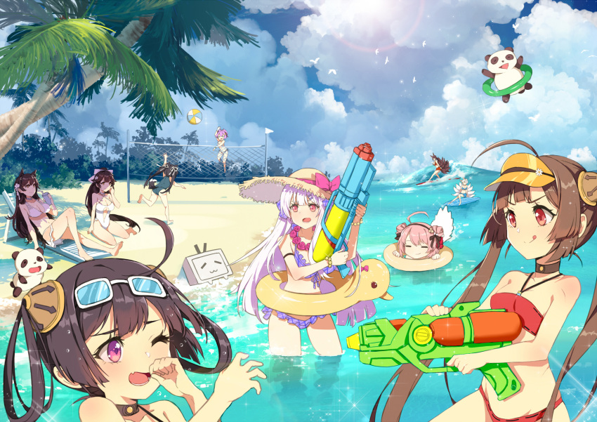 6+girls :3 :q ;d =_= ahoge akagi_(azur_lane) animal animal_ears atago_(azur_lane) azur_lane bangs bare_arms bare_shoulders beach beach_volleyball bendy_straw bikini bilibili_douga bird black_bow black_hairband blue_bikini blue_sky blue_swimsuit bow breasts brown_eyes brown_hair chair character_request closed_eyes closed_mouth clouds cloudy_sky collarbone commentary_request cygnet_(azur_lane) day double_bun drinking_straw eyebrows_visible_through_hair eyewear_on_head fang fox_ears fox_tail front-tie_bikini front-tie_top hair_between_eyes hair_bow hair_ribbon hair_rings hairband hairpods halter_top halterneck hat hat_bow highres holding innertube javelin_(azur_lane) jumping kaga_(azur_lane) kyuubi long_hair lounge_chair multiple_girls multiple_tails ning_hai_(azur_lane) ocean one-piece_swimsuit one_eye_closed open_mouth outdoors palm_tree panda pennant ping_hai_(azur_lane) pink_bow purple_bikini purple_bow purple_hair red_bikini red_eyes ribbon sand saratoga_(azur_lane) side_bun silver_hair sitting sky small_breasts smile sparkle standing standing_on_one_leg straw_hat surfboard surfing swimming swimsuit tail takao_(azur_lane) tongue tongue_out tree twintails v-shaped_eyebrows very_long_hair violet_eyes visor_cap volleyball volleyball_net water water_gun waves white-framed_eyewear white_bikini white_ribbon white_swimsuit zhuxiao517