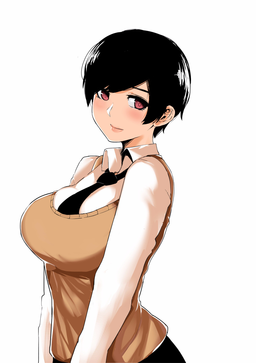 1girl absurdres black_hair black_neckwear blush breasts brown_cardigan business_suit cardigan collared_shirt commentary dress_shirt formal highres large_breasts looking_at_viewer necktie norman_maggot office_lady ol-chan_(norman_maggot) original pink_lips pixie_cut red_eyes shirt short_hair suit white_shirt