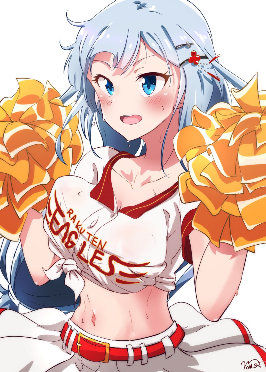 1girl bangs belt blue_eyes cheerleader commentary_request cowboy_shot dripping hair_ornament hairclip highres idolmaster idolmaster_million_live! idolmaster_million_live!_theater_days light_blue_hair long_hair moment_(moment_607) navel open_mouth pom_poms shiraishi_tsumugi skirt solo stomach sweat sweating
