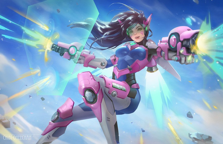 1girl acronym adapted_costume anna_lynn armor artist_name bangs blue_bodysuit blue_sky bodysuit breasts brown_eyes brown_hair cannon commentary cowboy_shot d.va_(overwatch) day debris energy_shield english_commentary exoskeleton facepaint facial_mark firing flying headphones highres jetpack long_hair looking_at_viewer mecha_musume medium_breasts meka_(overwatch) nose open_mouth outdoors overwatch pilot_suit pink_lips power_armor shoulder_pads signature sky smile solo swept_bangs visor weapon whisker_markings