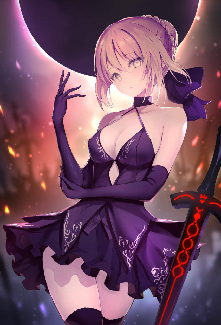 1girl artoria_pendragon_(all) bare_shoulders braid breasts collarbone dark_excalibur dress eclipse elbow_gloves fate/grand_order fate/stay_night fate_(series) french_braid gloves hair_bun hair_ribbon haishiki highres looking_at_viewer medium_hair open_mouth outdoors pixiv_fate/grand_order_contest_2 ribbon saber saber_alter skirt sword thigh-highs weapon yellow_eyes zettai_ryouiki