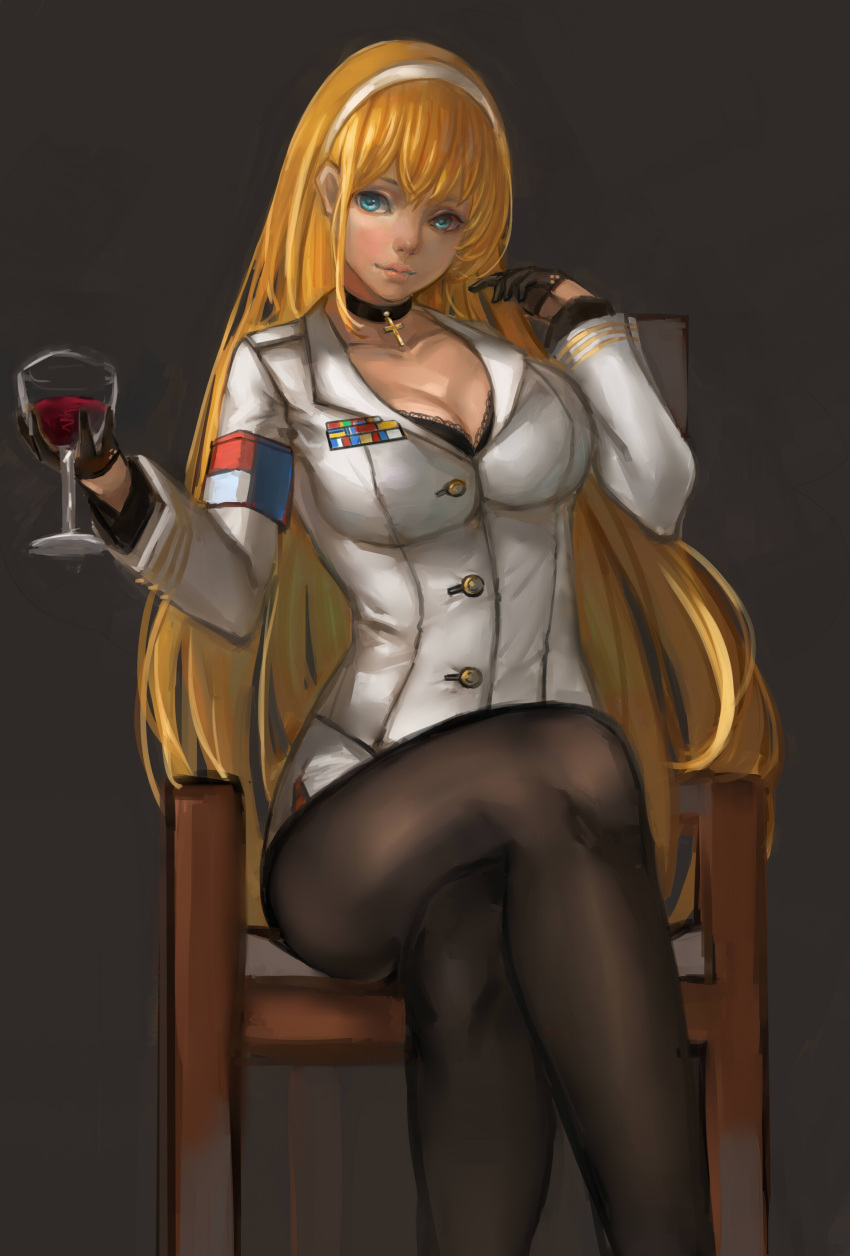 1girl absurdres alcohol azur_lane black_bra black_gloves black_legwear blonde_hair blue_eyes bra breasts choker cleavage commentary_request cross cup drinking_glass fa_lan_jun gloves hairband half_gloves head_tilt highres holding holding_drinking_glass large_breasts legs_crossed long_hair looking_at_viewer north_carolina_(azur_lane) pantyhose sitting solo underwear wine wine_glass