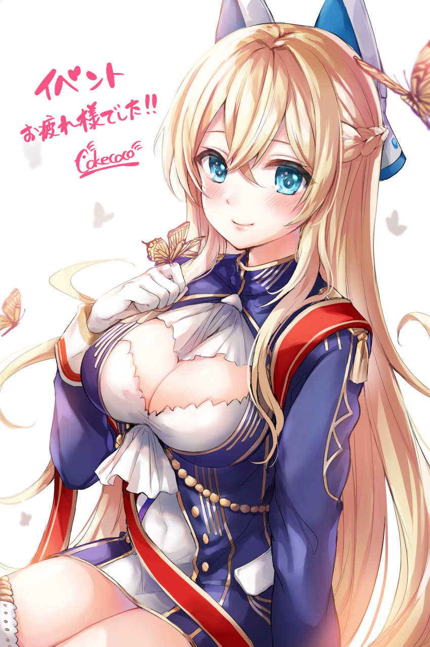 1girl absurdres ascot azur_lane bangs blonde_hair blue_eyes blush braid breasts bug butterfly closed_mouth cokecoco covered_navel crossed_bangs dress eyebrows_visible_through_hair floating_hair french_braid glorious_(azur_lane) gloves hair_between_eyes hair_ornament hand_on_own_chest headgear highres insect large_breasts long_hair long_sleeves looking_at_viewer medium_breasts microdress sash sidelocks signature sitting solo thigh-highs very_long_hair white_gloves white_legwear