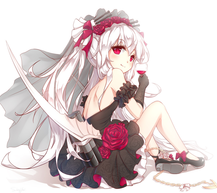 1girl alcohol anchor armband azur_lane backless_outfit bare_back bare_legs bare_shoulders bat_wings breasts bridal_veil chains cup dress drinking_glass floral_print flower frilled_skirt frills gloves highres light_smile long_hair looking_at_viewer open-back_dress red_eyes rose rose_print shenhai_(2556146833) skirt small_breasts torpedo_launcher twintails vampire_(azur_lane) veil white_hair wine wine_glass wings