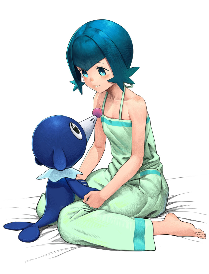 1girl absurdres bare_arms bare_shoulders barefoot bed_sheet blue_eyes blue_hair blush breasts collarbone commentary_request feet full_body highres looking_at_another pajamas pokemon pokemon_(creature) pokemon_(game) pokemon_sm popplio seiza short_hair simple_background sitting sleeveless small_breasts smile suiren_(pokemon) trial_captain turiganesou800 white_background